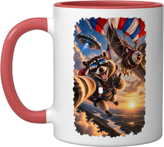 Raccoon Selfie Eagle Skydiving Parachute Ceramic Mug