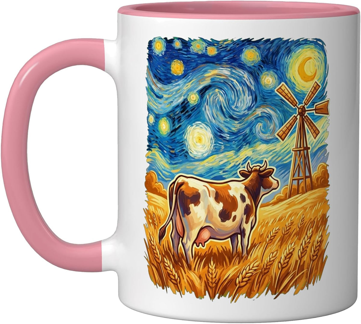 Starry Night Cow Wheat Field Windmill Ceramic Mug