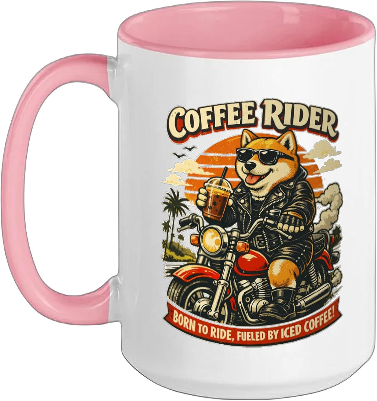 Shiba Inu Drinking Ice Coffee On A Motorbike Digor Ceramic Mug