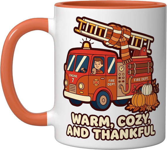 Warm, Cozy And Thankful Firefighter Autumn Fall Fire Truck Ceramic Mug