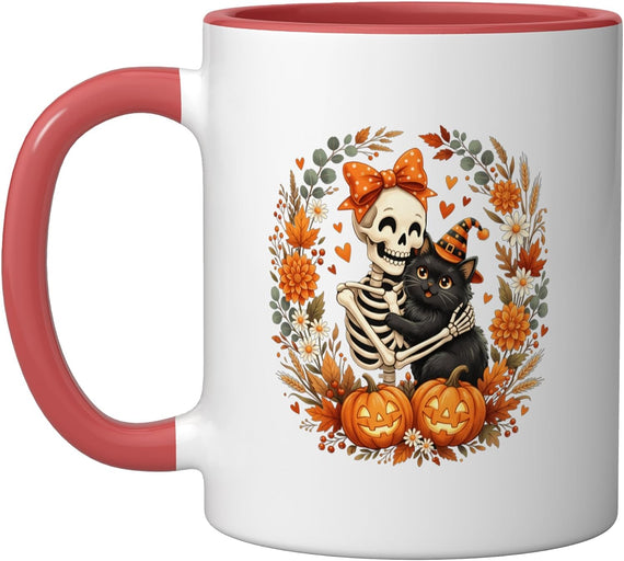 Skeleton Holding Cat Halloween Costume Spooky Season Ceramic Mug