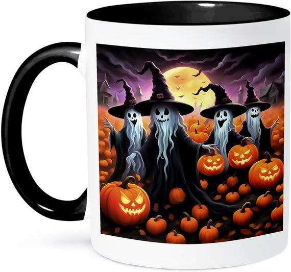 Fun Halloween Ghost Wearing Witches Hats with Jack O Lanterns Mug