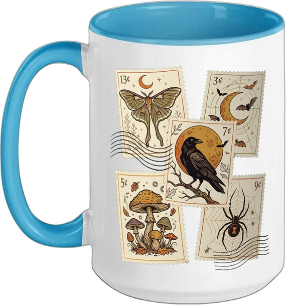 Halloween Postage Stamps Moth Raven Bats Spider Art Ceramic Mug