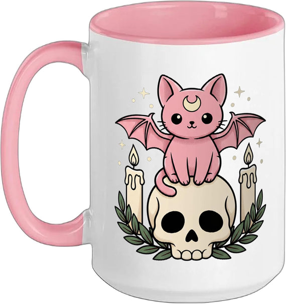 Cat Mystic Bat-Kitty On Skull, Cute Cat Lover Witchy Design Mug