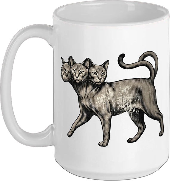 Three-Headed Cat Vintage Engraving Mythical Ceramic Mug