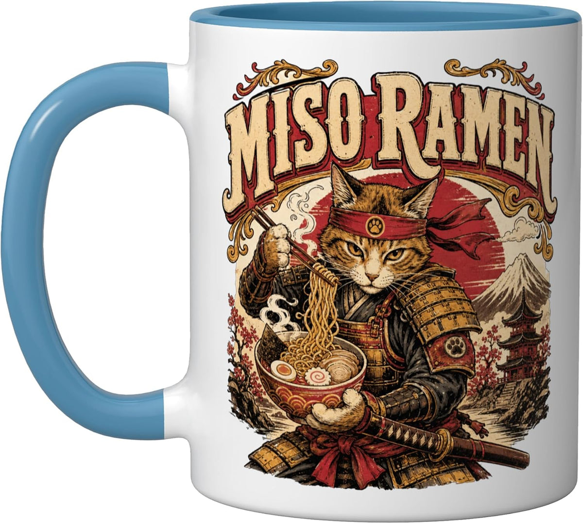 Miso Ramen Noodles Cat Japan Graphic Samurai Warrior Manga Ceramic Mug
