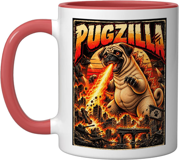 Pugzilla Giant Pug Monster Funny Dog Parody Retro Design Ceramic Mug