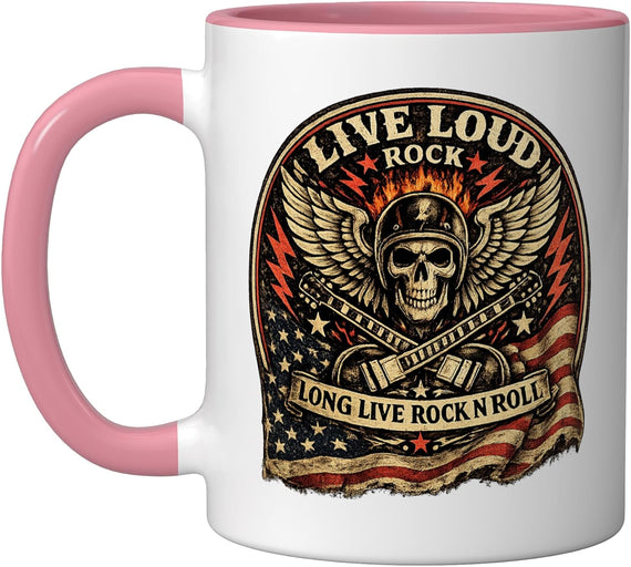Live Loud Patriotic Biker Skull Guitar Rock Music Ceramic Mug