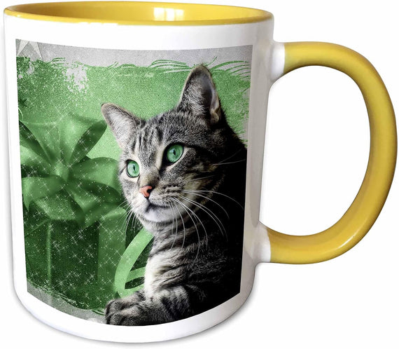 Sweet Silver Tabby Cat In Green Ceramic Mug