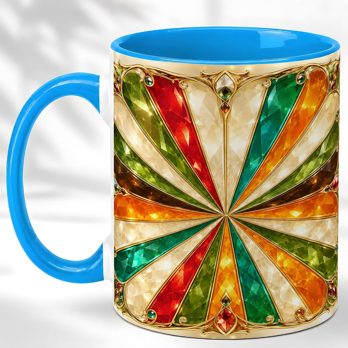 Stained Glass Sunburst, Colorful Geometric Jewel Pattern Ceramic Mug