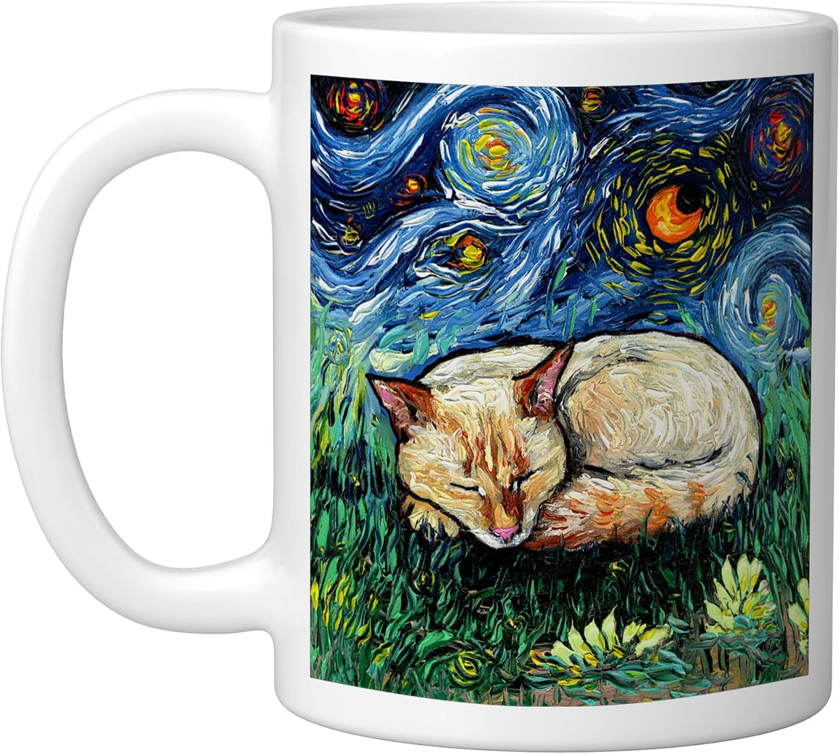 Sleeping Flame Point Siamese Cat Starry Night Artwork Ceramic Mug