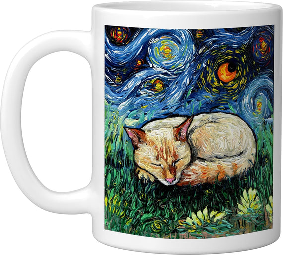 Sleeping Flame Point Siamese Cat Starry Night Artwork Ceramic Mug