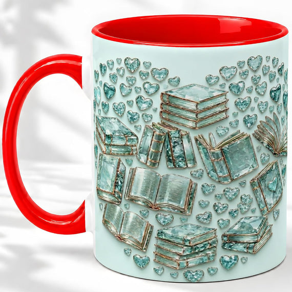 Blue Green Faceted Books, Aqua Books Mug, Tea And Cocoa Ceramic Mug