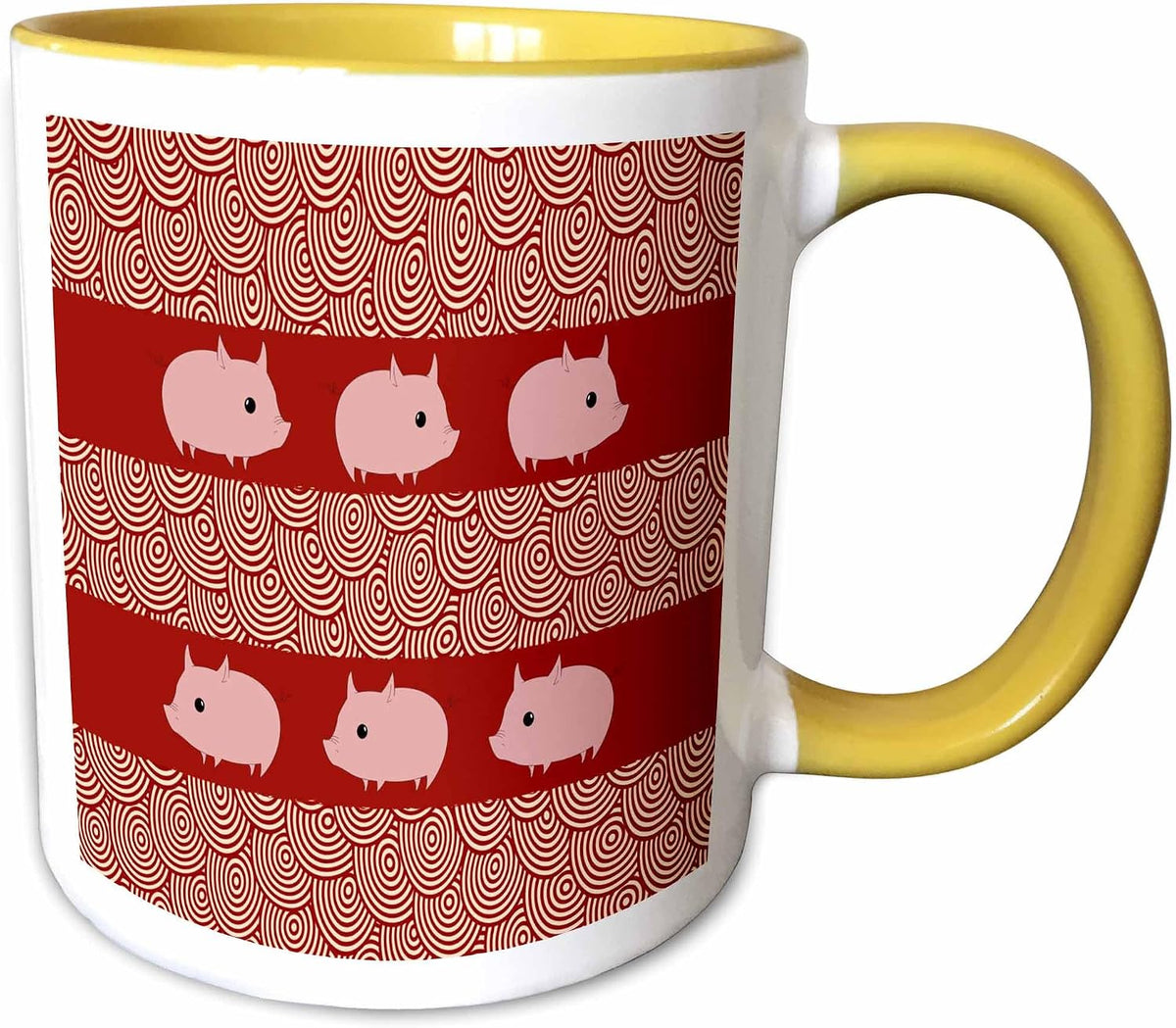 Six Pink Pigs On Red, Circle Pattern Design Ceramic Mug