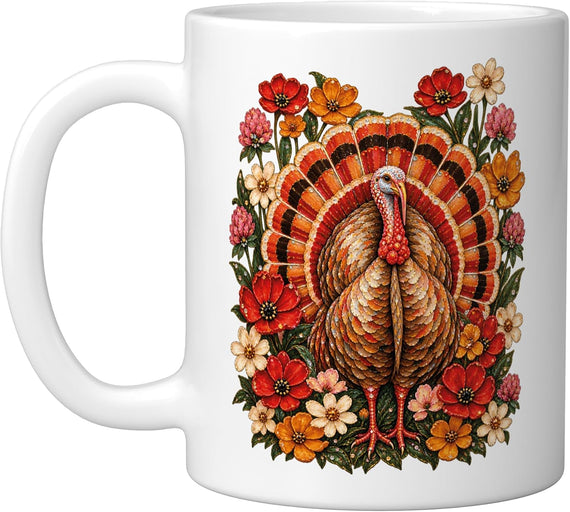 Ornate Turkey With Floral Bouquet Vintage Autumn Ceramic Mug