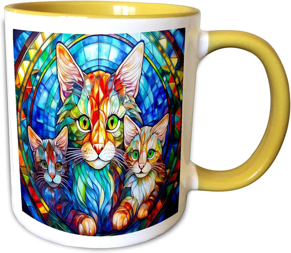 Stained Glass Art Of Cat & Two Ceramic Mug