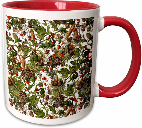 Christmas Allover Pattern with Holly & Pine Ceramic Mug