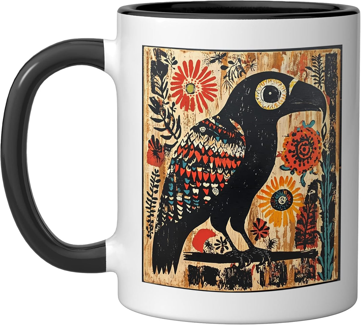 Folk Art Crow Raven With Flowers Ceramic Mug