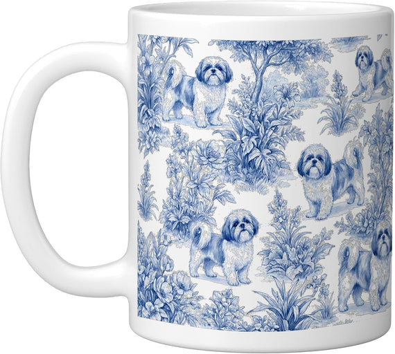 Shih Tzu Dog Mom Floral Blue Toile De Jouy Cute Ceramic Mug