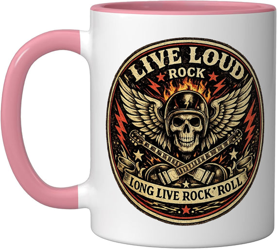 Live Loud Rock Roll Biker Skull Wings Ceramic Mug