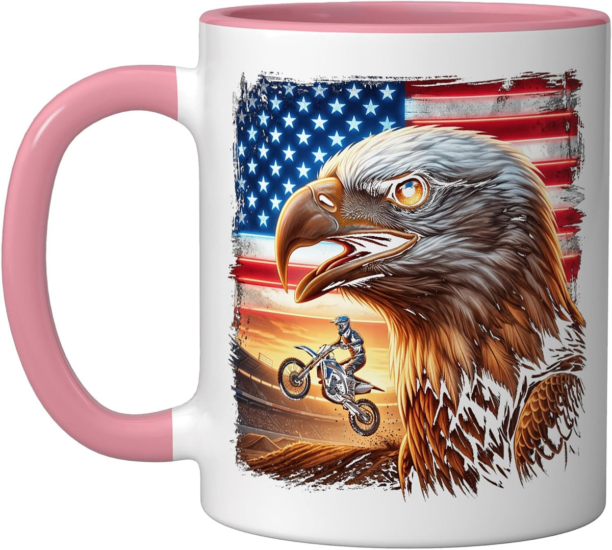 Bald Eagle American Flag Dirt Bike Rider Sunset Ceramic Mug