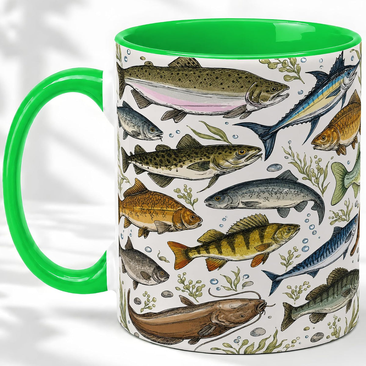 Fish Illustration Accent Mug, Ceramic Coffee For Anglers Ceramic Mug