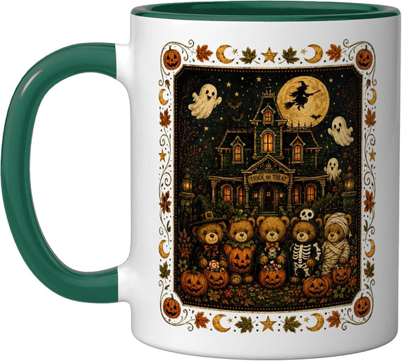 Trick Treat Halloween Bears Haunted House Pumpkin Ghost Ceramic Mug